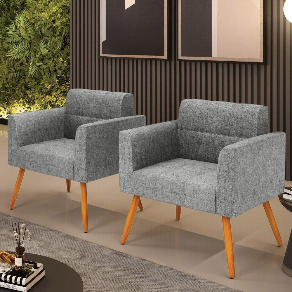 Kit 2 Poltronas Elisa Linho Pés Palito Castanho - D'rossi Cor A26 Grafite - 6