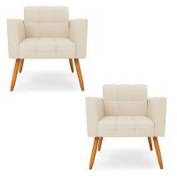 Kit 2 Poltronas Elisa Linho Pés Palito Castanho - D'rossi Cor A19 Bege - 1