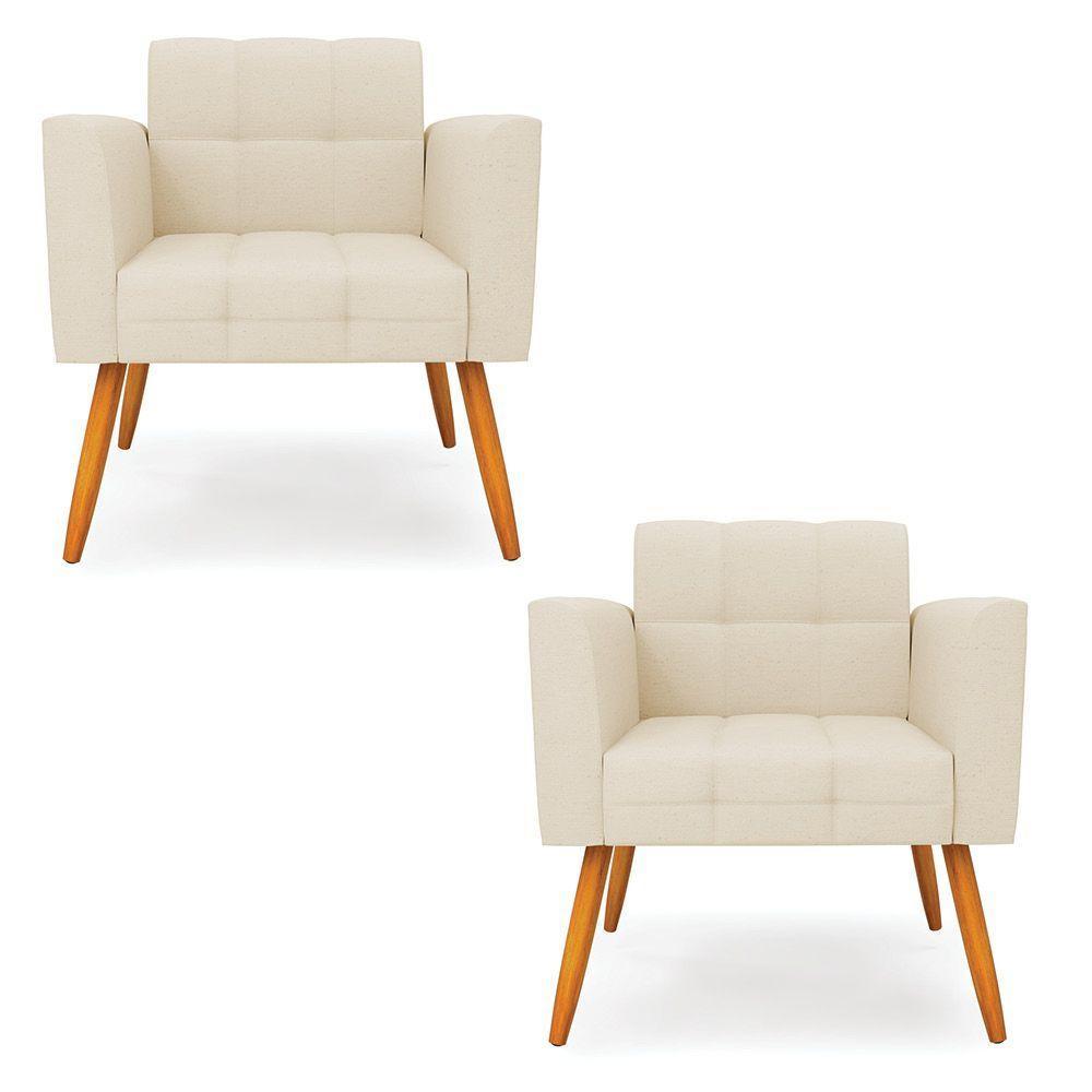 Kit 2 Poltronas Elisa Linho Bege A19 Pés Palito Castanho - D'rossi - 1