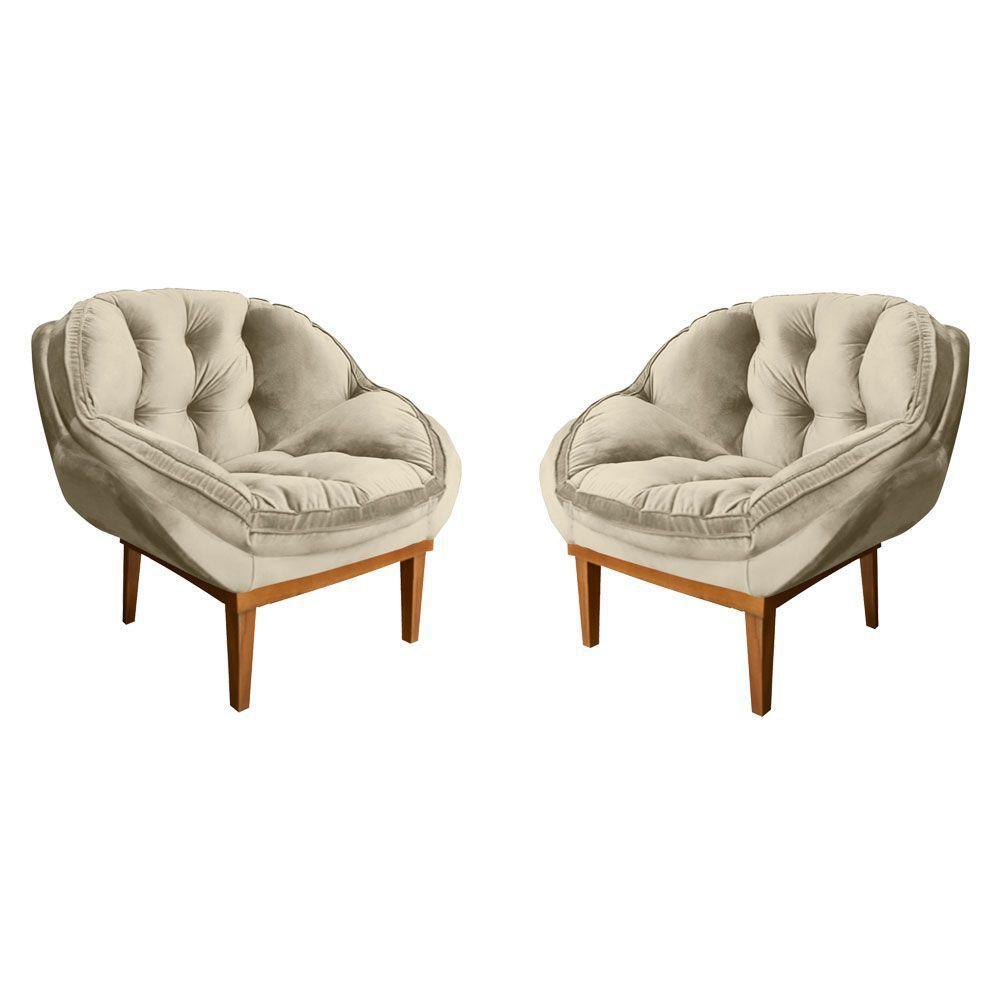 Kit 2 Poltronas Decorativa Veludo Bege Base Madeira Castanho - 1