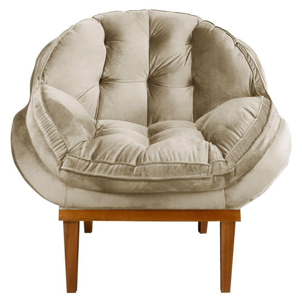 Kit 2 Poltronas Decorativa Veludo Bege Base Madeira Castanho - 6