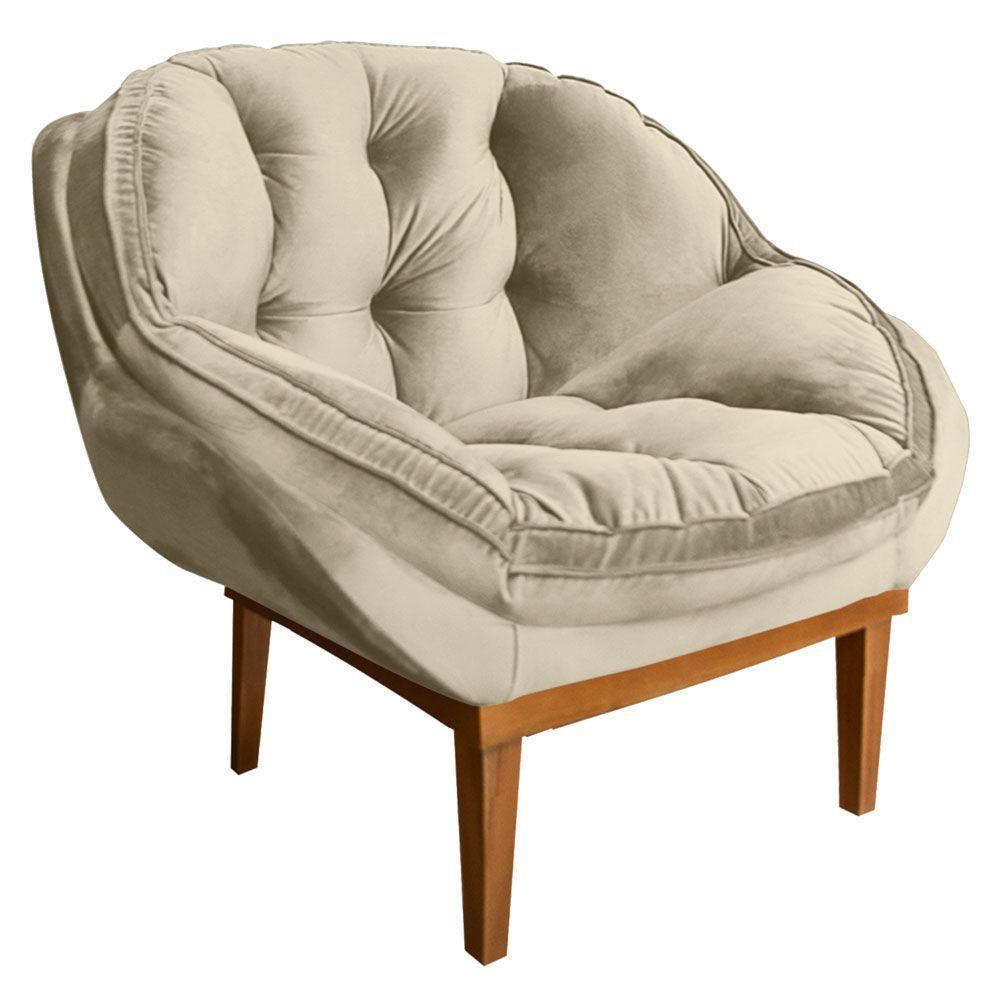 Kit 2 Poltronas Decorativa Veludo Bege Base Madeira Castanho - 7