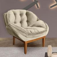 Kit 2 Poltronas Decorativa Veludo Bege Base Madeira Castanho - 9