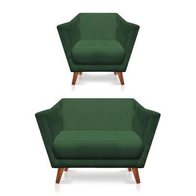 Kit Poltrona E Namoradeira Pérsia Suede Pés Chanfrado Castanho - Pallazio Cor Verde