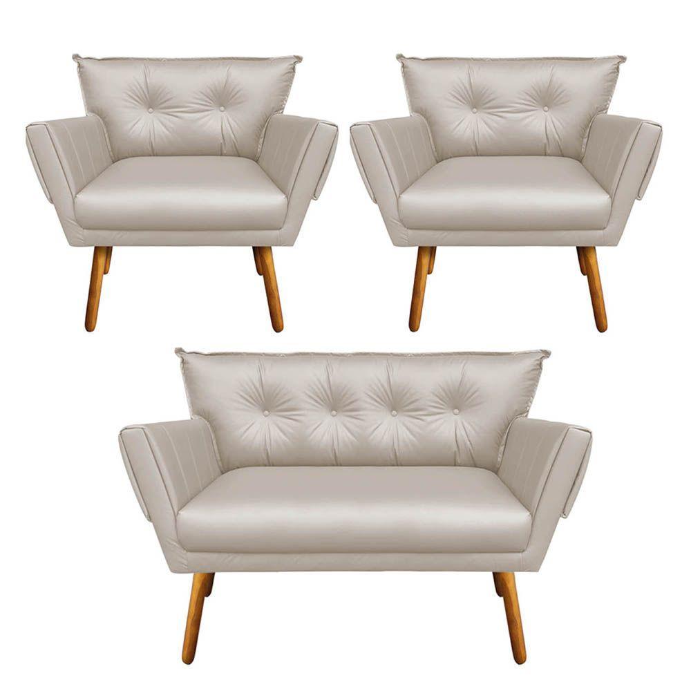 Kit 01 Namoradeira 02 Poltronas Corino Bege - 1