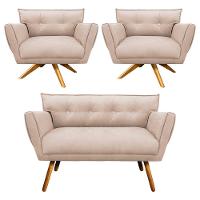 Kit 01 Namoradeira E 02 Poltronas Anitta Suede Bege - 1