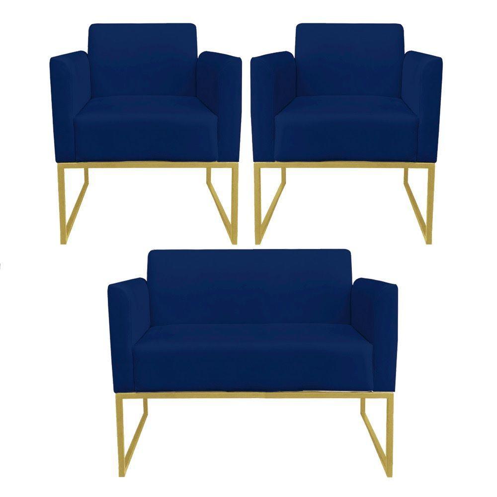 Kit 01 Namoradeira 02 Poltronas Marisa Azul Marinho - 2