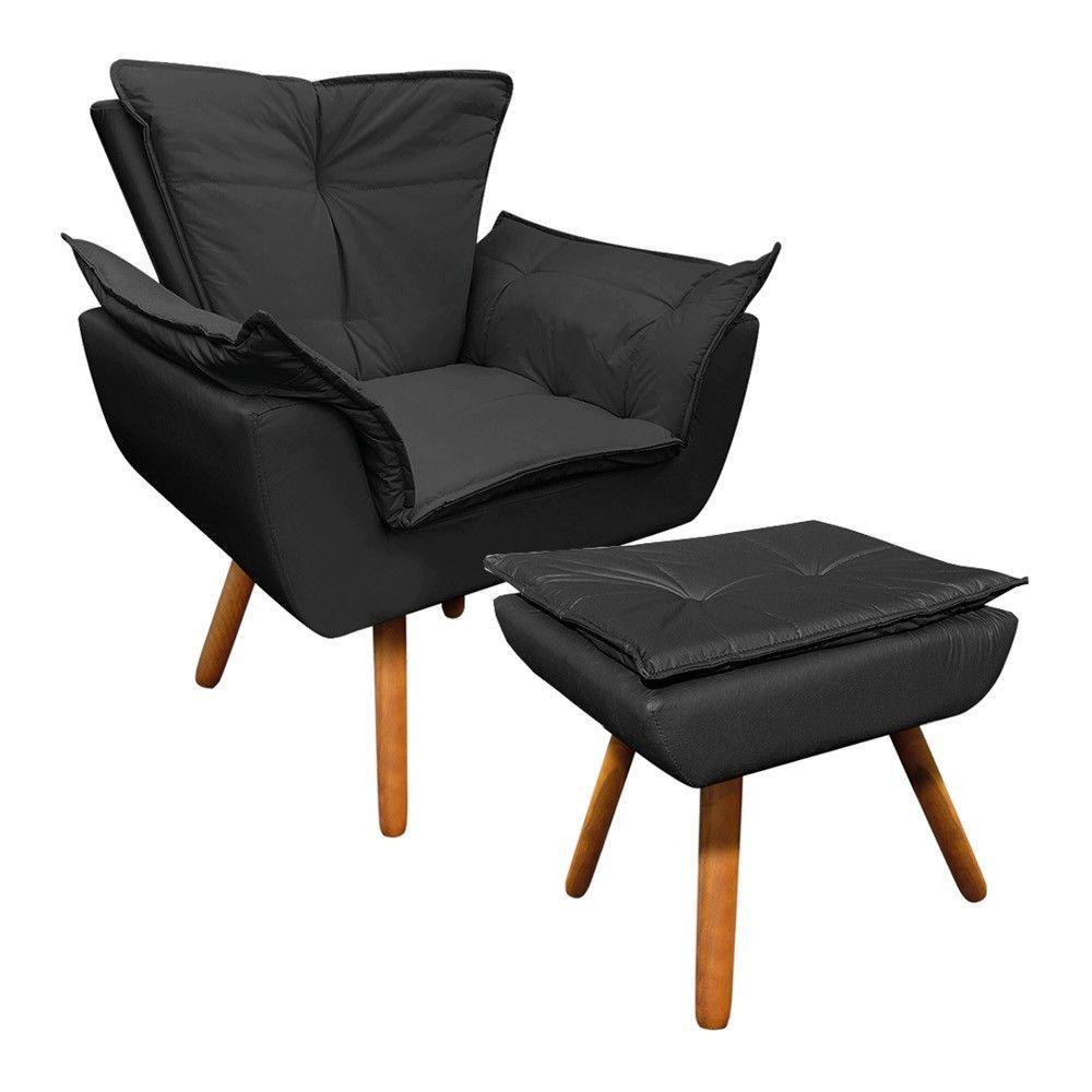 Kit 01 Poltrona Opala Com 01 Puff Opala Corino Pés Palito - 1