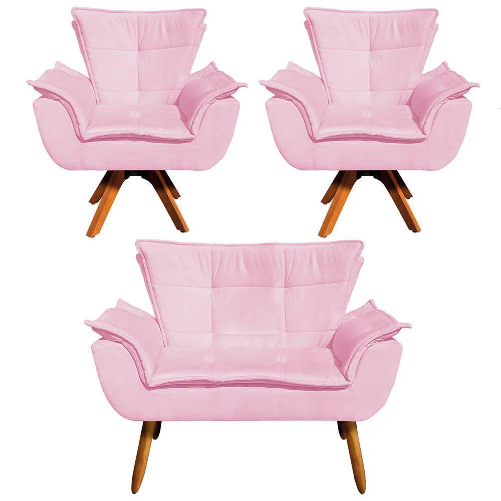 Kit 01 Namoradeira E 02 Poltronas Opala Suede Rosa Bebê - 1