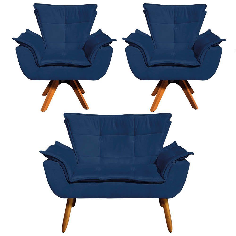 Kit 01 Namoradeira E 02 Poltronas Opala Suede Azul Marinho - 1