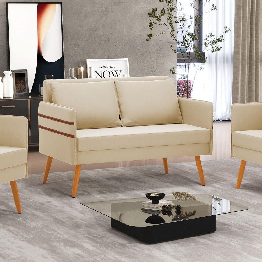 Namoradeira 02 Lugares Mari Suede Pés Palito Castanho Bege - 8