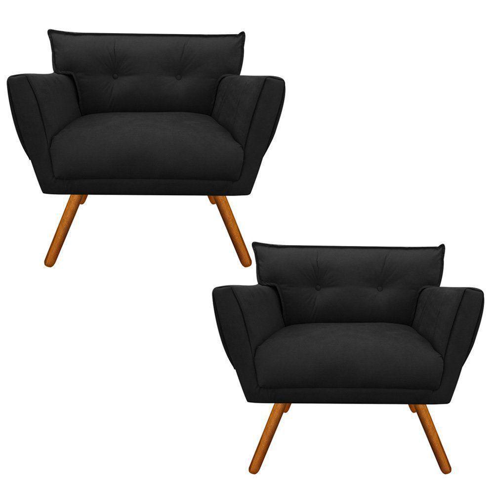 Kit 02 Poltronas Anitta Suede Preto Pés Palito Castanho - 1