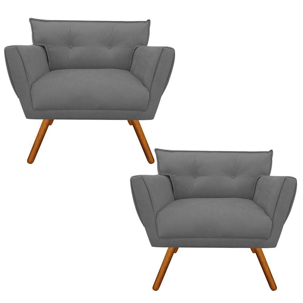 Kit 02 Poltronas Anitta Suede Grafite Pés Palito Castanho - 1