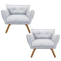 Kit 02 Poltronas Anitta Suede Cinza Pés Palito Castanho - 1