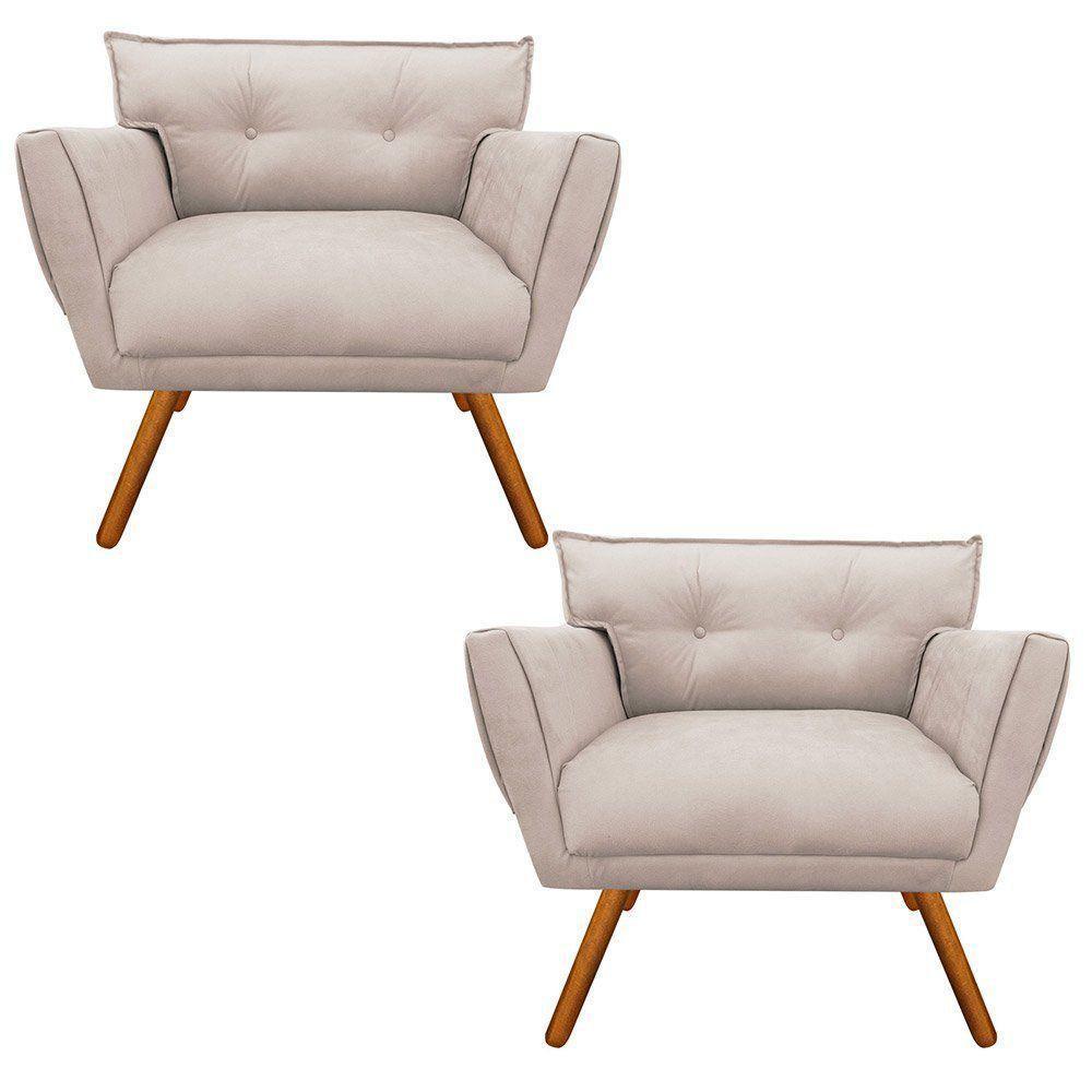 Kit 02 Poltronas Anitta Suede Bege Pés Palito Castanho - 1