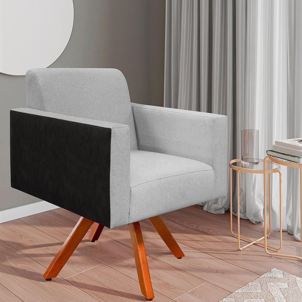 Poltrona Base Giratória Linho Cinza Couríssimo Preto - 9