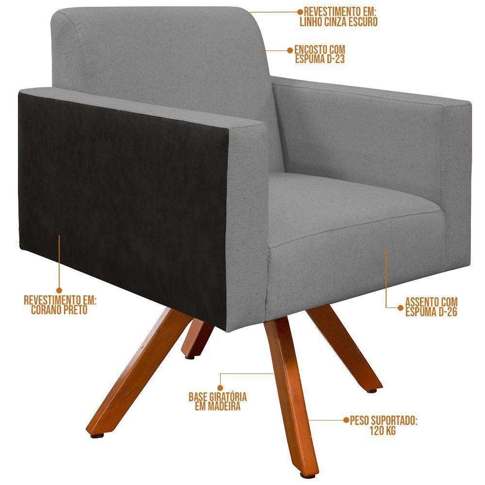 Poltrona Base Giratória De Madeira Cinza Couríssimo Preto - 3