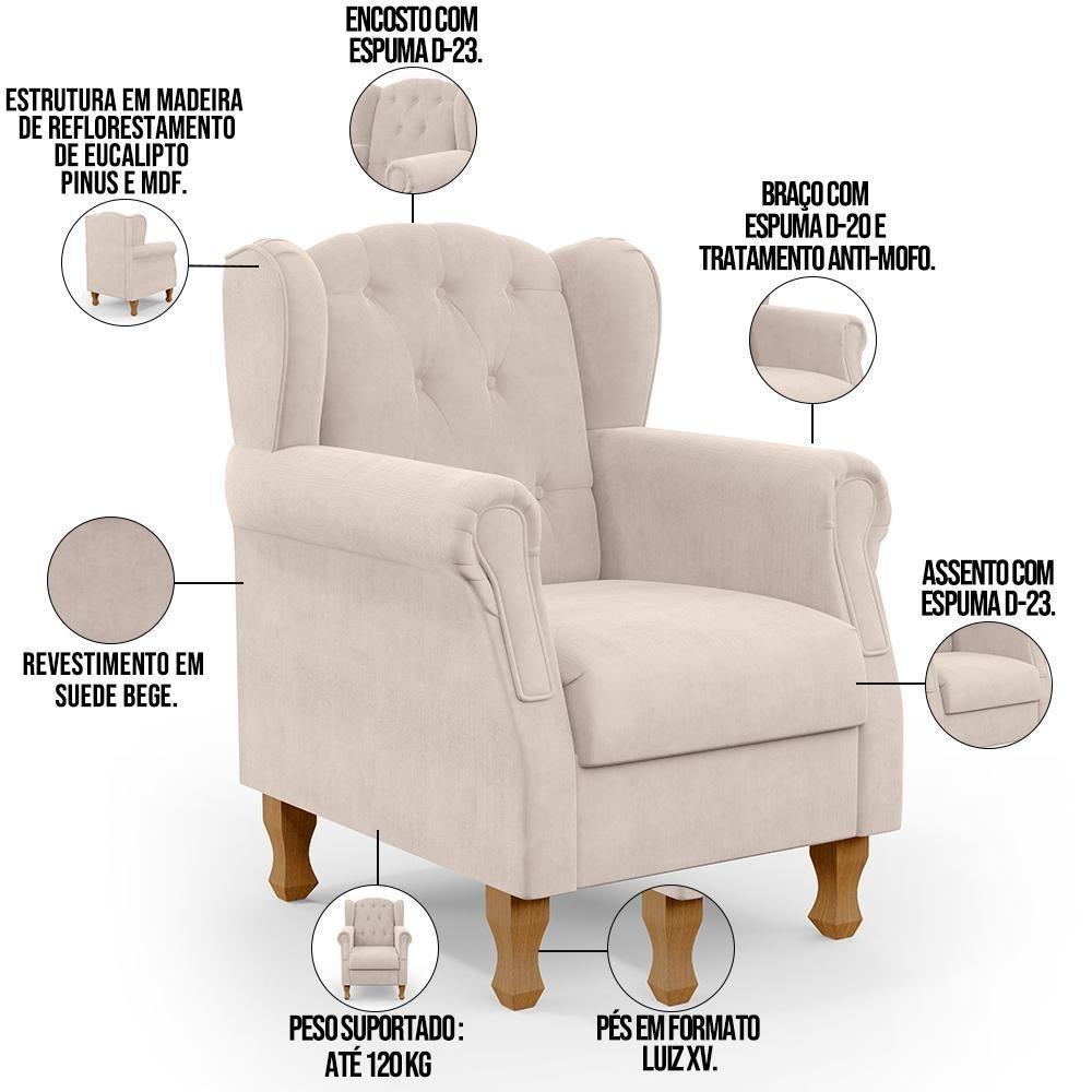 Poltrona Yara P02 Com Puff Paris Luis Xv Suede Bege - 7