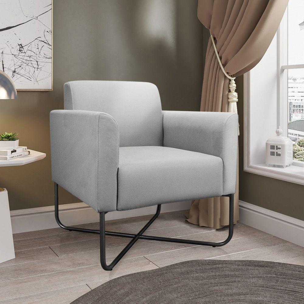 Kit 02 Poltronas Marisa Suede Cinza Base X Industrial Preta - 2