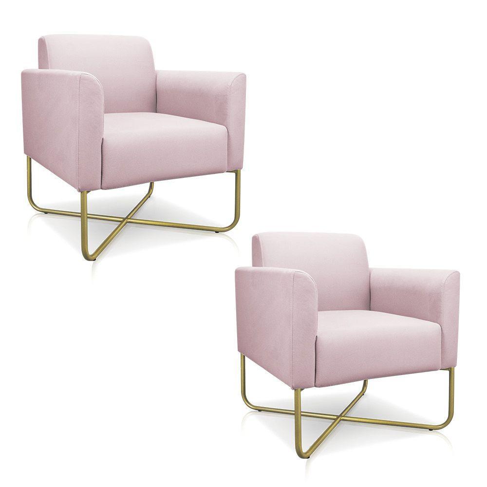 Kit 02 Poltronas Marisa Suede Rosa Bebê Base X Industrial - 1