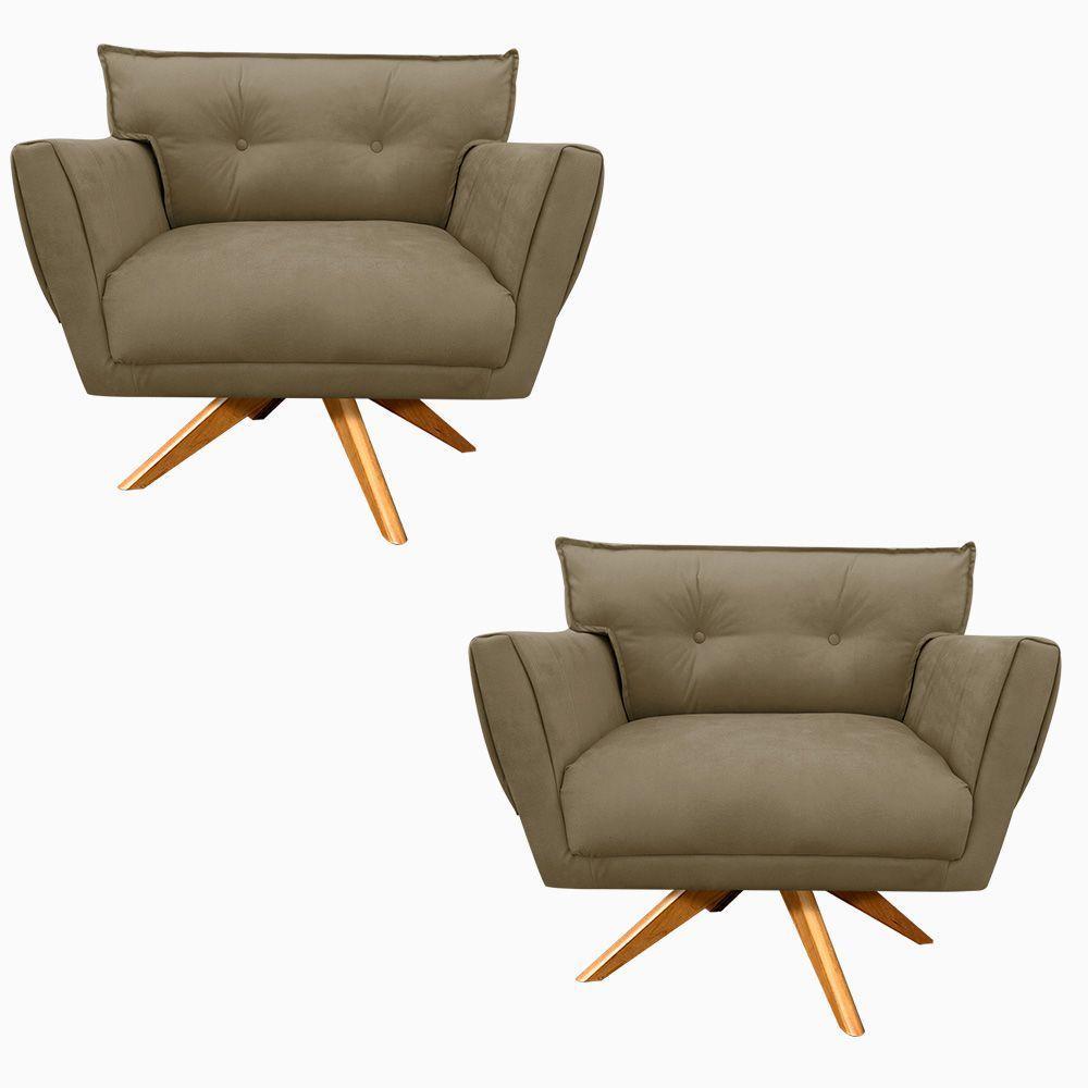 Kit 02 Poltronas Giratória Suede Base Madeira Marrom Rato - 1