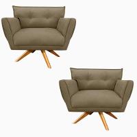 Kit 02 Poltronas Giratória Suede Base Madeira Marrom Rato - 1