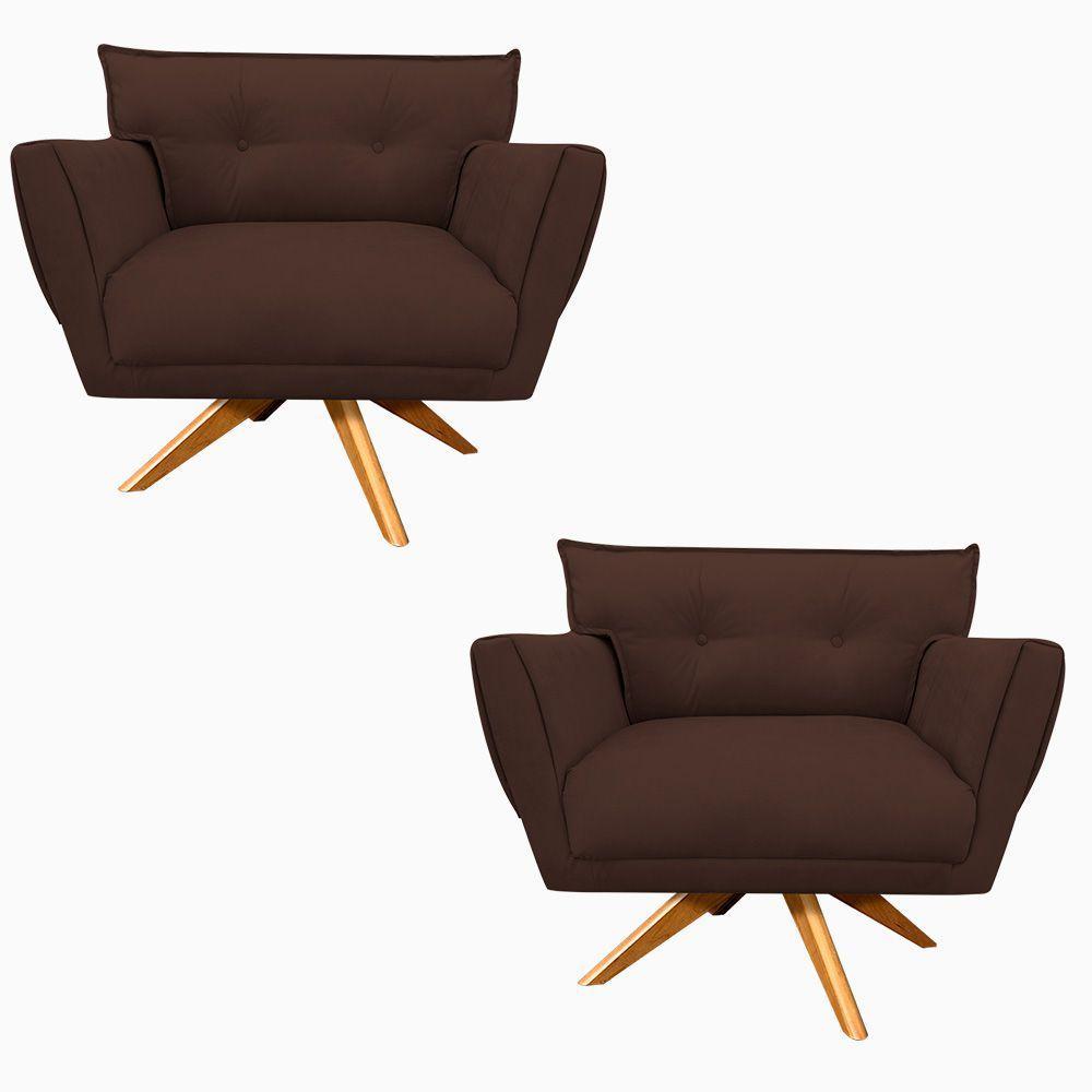 Kit 02 Poltronas Giratória Anitta Suede Base Madeira Marrom - 1