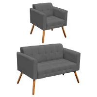 Kit 1 Namoradeira e 1 Poltrona Elisa Suede Grafite - Drossi - 1