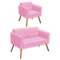 Kit 1 Namoradeira e 1 Poltrona Elisa Suede Rosa Bebê Drossi - 1