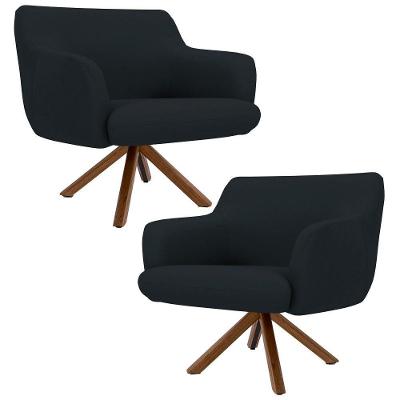 Kit 2 Poltronas Giratórias Base Madeira Veludo Preto