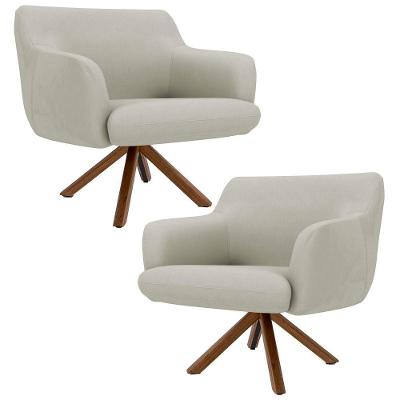 Kit 2 Poltronas Giratórias Base Madeira Corano Bege Claro