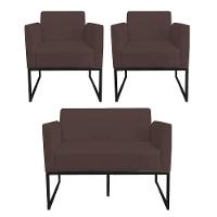 Kit 1 Namoradeira e 2 Poltronas Marisa Suede Preto Marrom - 1
