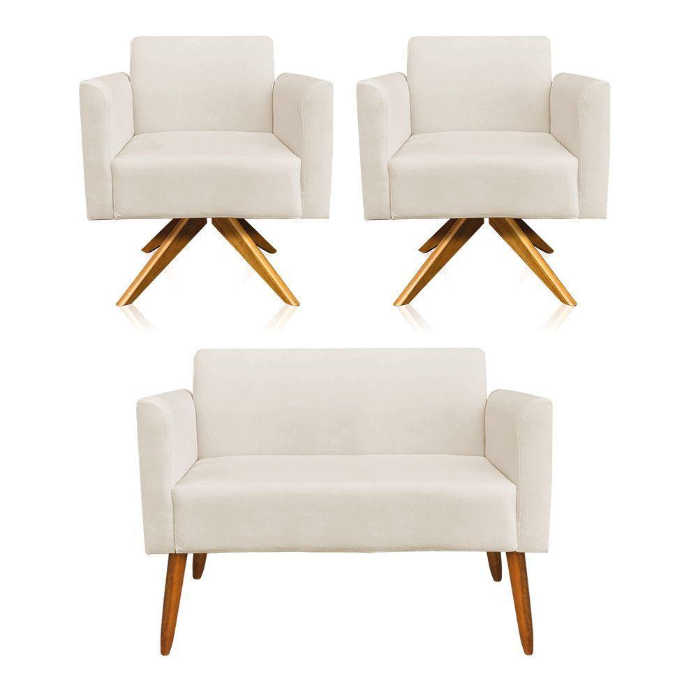 Kit 1 Namoradeira e 2 Poltronas Marisa Suede Bege Madeira - 1