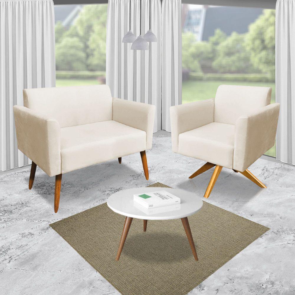 Kit 1 Namoradeira e 2 Poltronas Marisa Suede Bege Madeira - 3