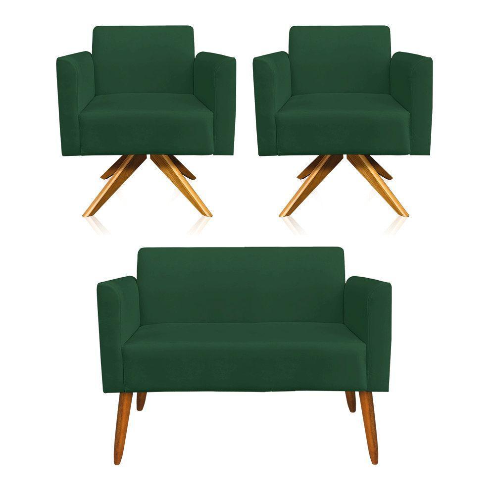 Kit 1 Namoradeira e 2 Poltronas Suede Madeira Verde - 1