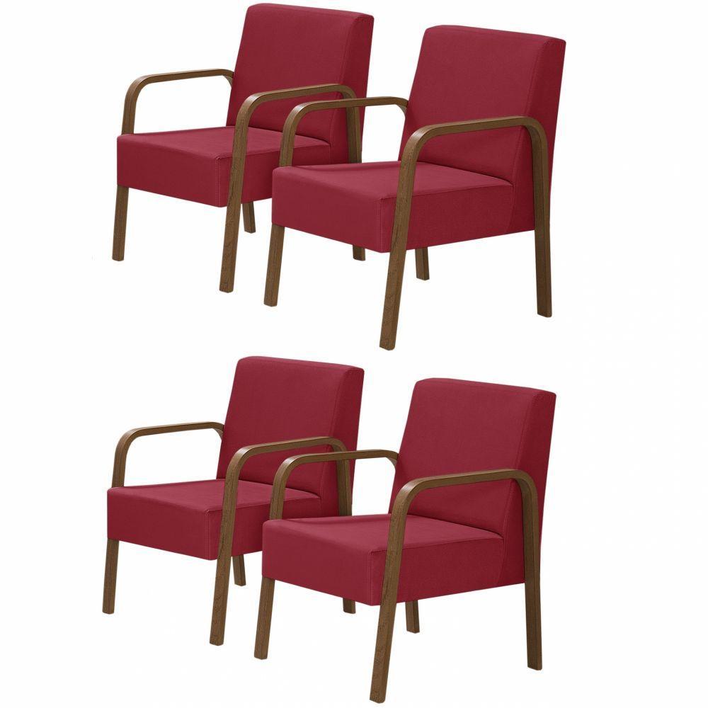 Kit 4 Poltronas 1 Lugar Jade Braço Madeira Vermelho. - 1