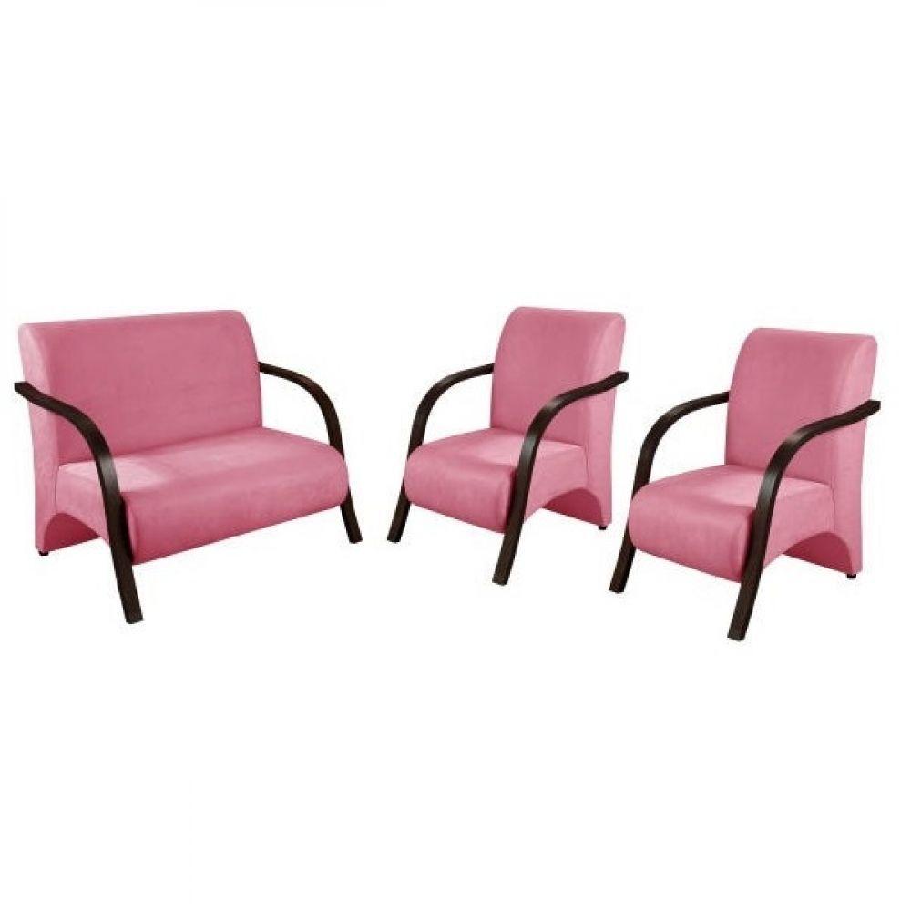 Kit 3 Peças Poltrona Braço Madeira Suede Tecido Rosa - 1