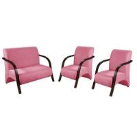 Kit 3 Peças Poltrona Braço Madeira Suede Tecido Rosa - 1