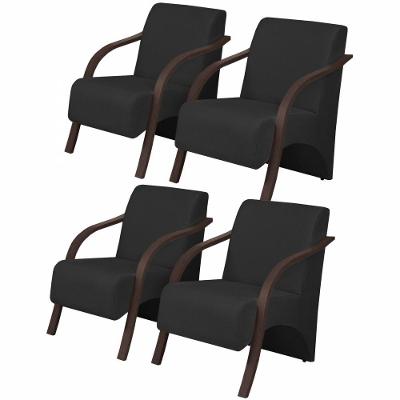 Kit 4 Poltronas 1 Lugar Vênus Braço Pé Madeira Preto.