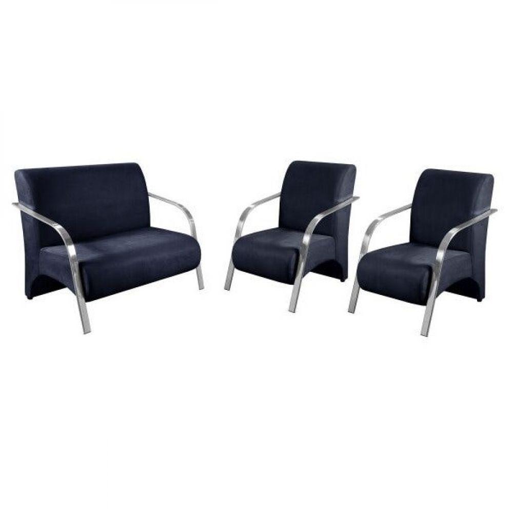Kit 3 Peças Poltrona Braço Alumínio Suede Azul Marinho - 1