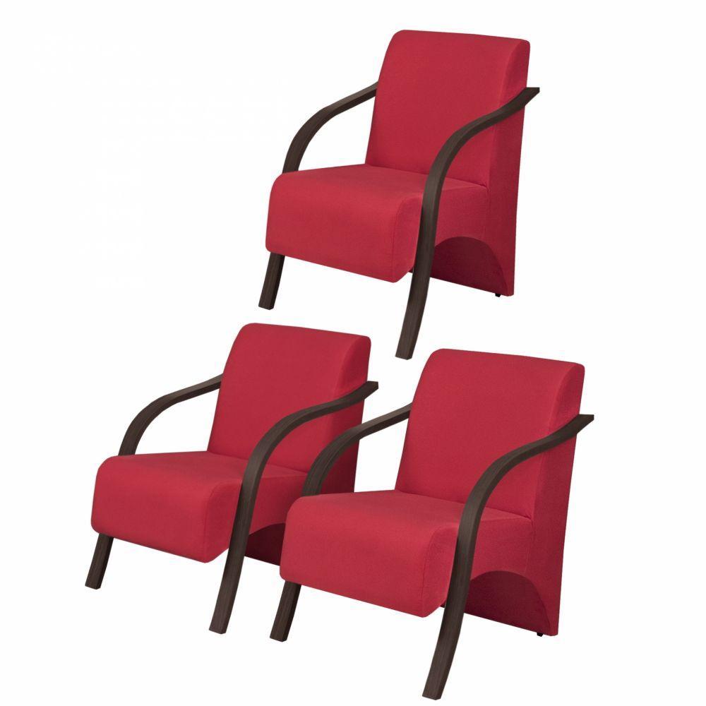 Kit3 Poltronas Vênus 1 Lugar Braço Madeira Vermelho - 1
