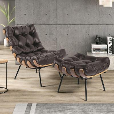 Kit Poltrona e Puff Costela Couro Legítimo Base Preto Marrom