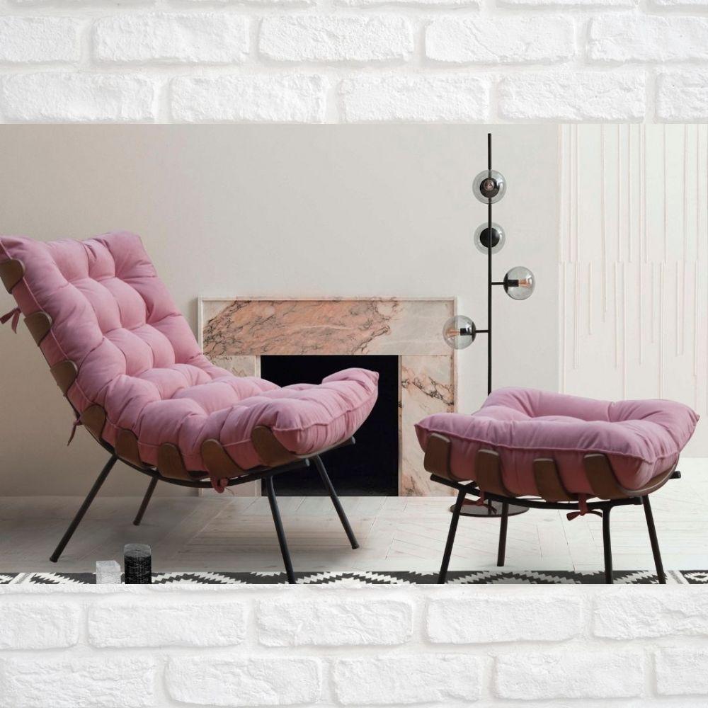 Poltrona Costela Com Puff Tecido Rosa - 1