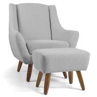 Poltrona Decorativa com Puff Sala de Estar Pés de Madeira Naomi Algodão Poliéster Cru Gran Belo - 1