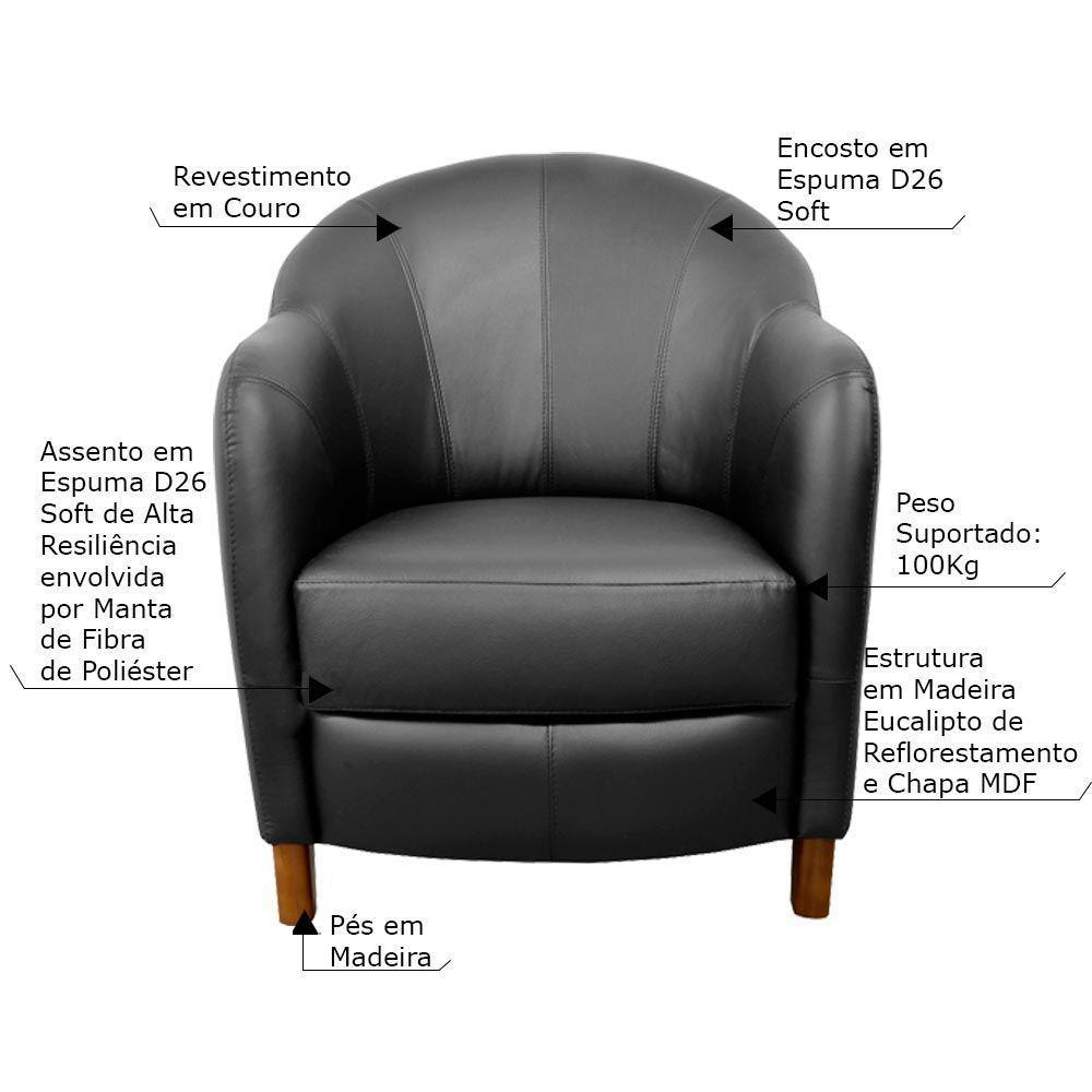 Poltrona Decorativa Sala de Estar Pés Madeira Kairós Couro Preto Gran Belo - 2