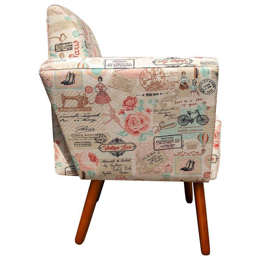 Poltrona Dora Estampado Retrô Rosa D61 Pés Palito Castanho - 2