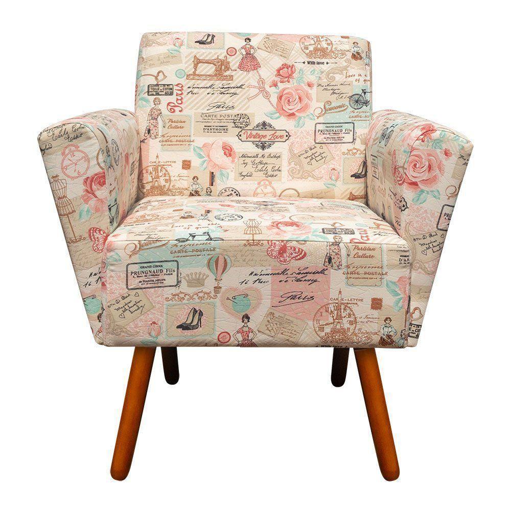 Poltrona Dora Estampado Retrô Rosa D61 Pés Palito Castanho - 4