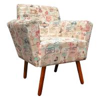 Poltrona Dora Estampado Retrô Rosa D61 Pés Palito Castanho - 1