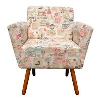 Poltrona Dora Estampado Retrô Rosa D61 Pés Palito Castanho - 4