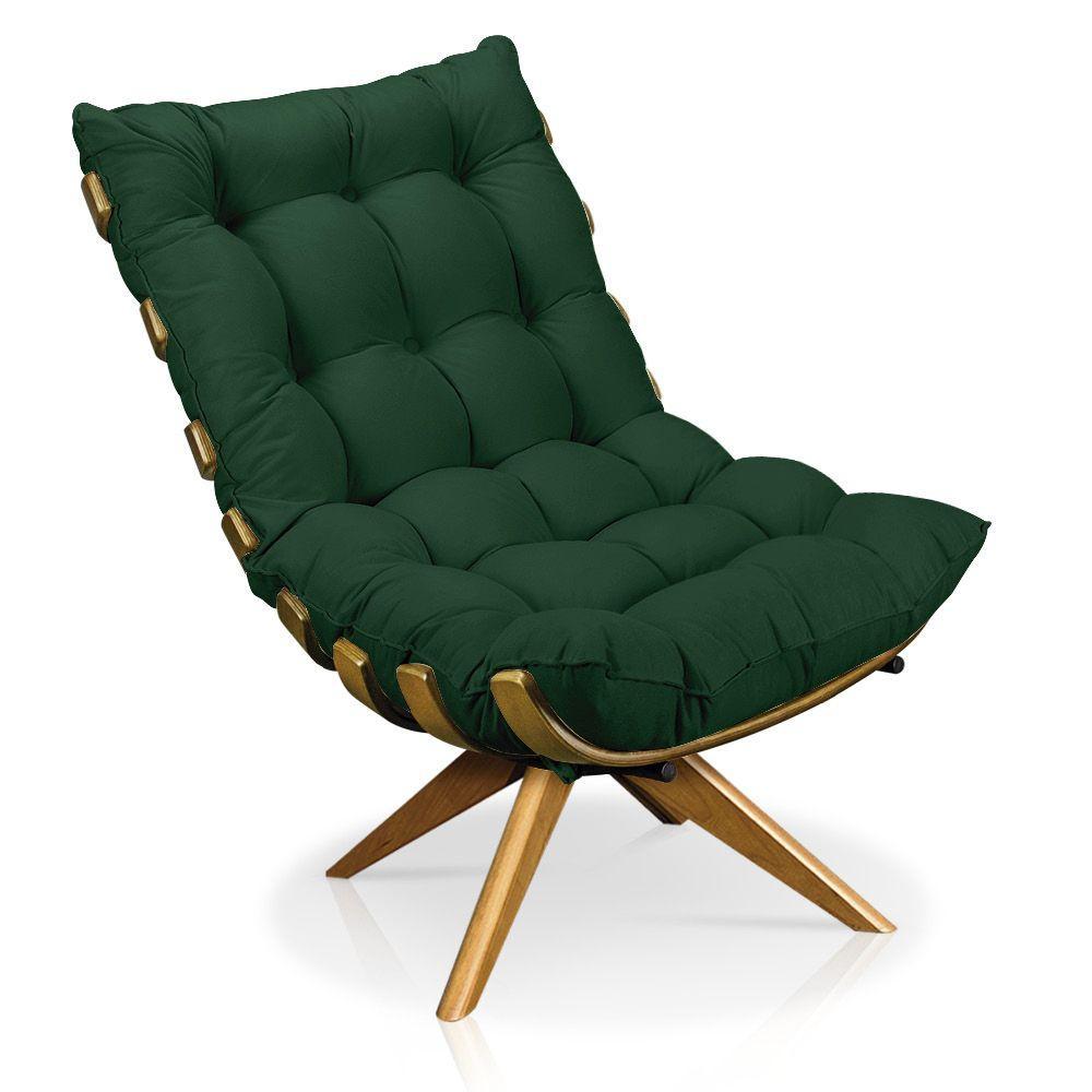 Poltrona Giratória Costela Suede Verde Base Madeira D´rossi - 1